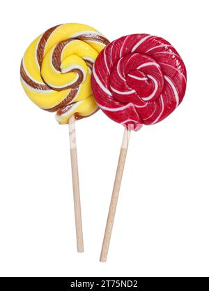 Stifte mit bunten Lutschlingen isoliert auf weiß Stockfoto