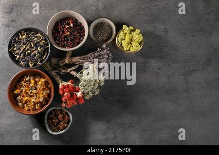 Viele verschiedene trockene Kräuter und Blumen auf dunkelgrauem Tisch, flach gelegen. Leerzeichen für Text Stockfoto