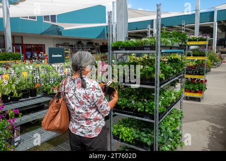 Frau mittleren Alters, die Pflanzen in einem Bunnings Gartencenter in Australien kauft Stockfoto