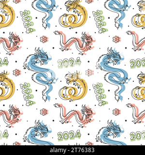 Frohes Chinesisches Neujahr 2024 Nahtloses Muster-Design. Übersetzung : Jahr des Drachen. Mit Laterne, Drachen und China-Elementen in flacher Illustration Stock Vektor