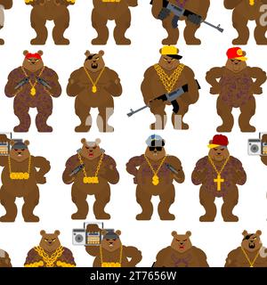 Bär Gangster Gang Muster nahtlos. Cooler Biest-Hintergrund. SWAG-Gangsta-Ornament. Grizzly Guy Rapper Textur Stock Vektor