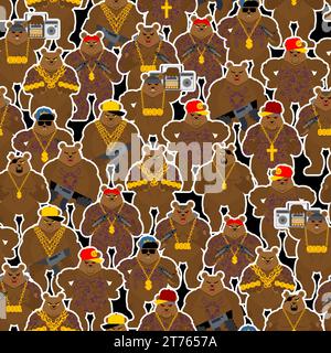 Bär Gangster Gang Muster nahtlos. Cooler Biest-Hintergrund. SWAG-Gangsta-Ornament. Grizzly Guy Rapper Textur Stock Vektor