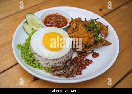 Nasi-Lemak mit gebratenem Huhn und Ei auf weißer Platte mit Gurke Stockfoto