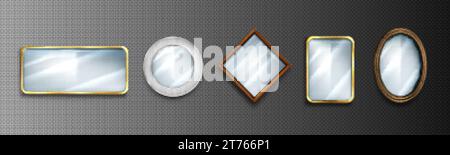 Spiegeln Sie realistische 3D-Rahmen mit Lichtreflexionen auf der Glasoberfläche. Vektor-Illustration Set von rund, oval und rechteckig Haus-Inneneinrichtung mit AA Stock Vektor