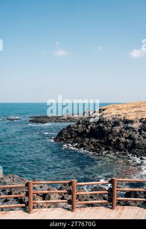 Dakmeor Küstenstraße olle Trail Winterlandschaft auf der Insel Jeju, Korea Stockfoto