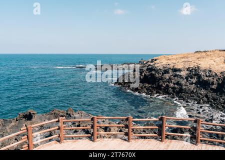 Dakmeor Küstenstraße olle Trail Winterlandschaft auf der Insel Jeju, Korea Stockfoto