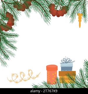 Rand aus Kiefern- und Tannenzweigen mit vogelbeeren und Neujahrsgeschenken in der Ecke Illustration für das Design einer Postkarte oder eines Banners, eines Schildes. Stock Vektor