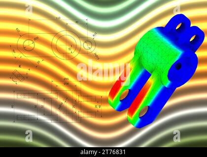 FEM-Analyse an mechanischen Metallverbindungen zur Berechnung von Widerstand, Spannung und Kräften vor dem Produktionsprozess Stockfoto