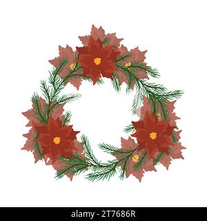 Winterkranz aus Tannenzweigen, verziert mit Weihnachtsstern. Weihnachtsstern auf einem Kieferkranz. Modernes Design für Weihnachtseinladungskarte, Poster, bann Stock Vektor