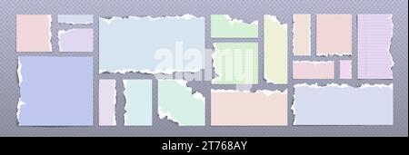 Streifen und Stücke von zerrissenem farbigem Papier – sauberer, quadratischer, ausgelegter und gepunkteter Schrott mit gebrochenen und gerissenen Kanten. Realistischer Vektorillustrationssatz von cu Stock Vektor