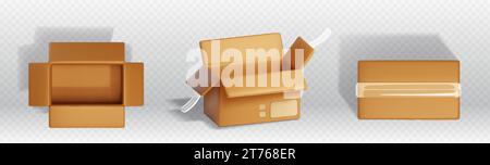Pappschachteln für die Lieferung oder Lagerung von Produkten - 3D-Rendering-Vektor-Illustration von Kartonverpackungen für den Versand per Post. Geschlossenes und offenes braunes Papier Stock Vektor