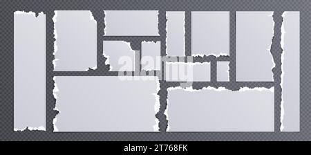 Streifen und Stücke von zerrissenem Papier - realistische Vektorillustrationen Set aus Notizblöcken mit gerissenen Kanten. Leere quadratische und rechteckige Schrott mit Stock Vektor