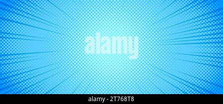 Hellblauer, radial gepunkteter Comic-Hintergrund. Tapete mit Speed Lines und Pop-Art-Halbtonstruktur. Türkisfarbene Anime-Cartoonstrahlen Explosionshintergrund für Poster, Banner, Druck, Magazin, Cover. Vektor Stock Vektor