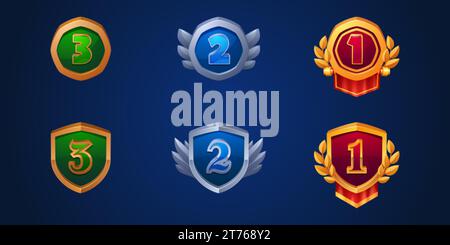 Spiel-ui-Medaillen für den dritten, zweiten und ersten Platz. Zeichentrickvektor-Illustration Set von Trophäenabzeichen mit Bronze, Silber und goldenem Rahmen und Form Stock Vektor