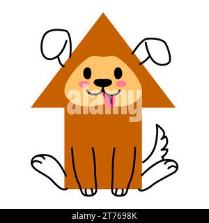 Zeichentrickhund Tierfigur in Mathe-Form. Pfeil Grundform oder Mathe Aufkleber, lustige Tier Welpe Basis isoliert Vektor Figur oder Schulkind Bildung braune Hund geometrische Persönlichkeit Stock Vektor
