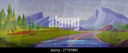 Regnerische Berglandschaft mit gewundenen Asphaltstraßen und Wald an den Seiten. Cartoon Vektor Hintergrund mit Pfützen auf Autobahn, Wald und Hügel unter Wolke Stock Vektor