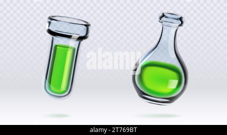 Laborkolben mit grüner flüssiger Substanz, isoliert auf transparentem Hintergrund. Vektor-realistische Illustration der Glasröhren des Forschungslabors W Stock Vektor