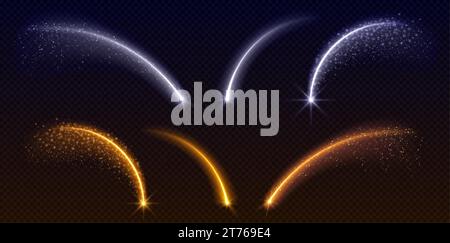 Gelb-weiße Sternenspuren auf transparentem Hintergrund. Vektor-realistische Illustration von Feuerwerk-Bogenschwänzen mit schimmernden Partikeln, festlich Stock Vektor