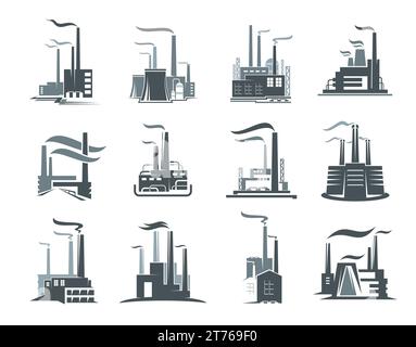 Symbole für Fabrik- oder Industrieanlagen eingestellt. Vektorkraftwerksgebäude, Fabriken oder Kernkraftwerke der Chemie-, Energie-, Öl- und Gasraffinerieindustrie. Industriebauten-Silhouetten mit Rauch, Rohren Stock Vektor