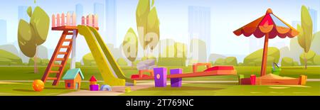 Spielplatz für Kinder im Sommer Stadtpark. Vektor-Karikaturillustration des sonnigen grünen öffentlichen Gartens mit Rutsche, Sandkasten unter Sonnenschirm, Spielzeug auf dem Boden, s Stock Vektor
