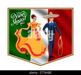 Viva Mexico Banner mit Nationalflagge, Frau und Cowboy charro Charaktere, Vektor Hintergrund. Mexiko-Feiertage, fiesta-Feier und Reisebanner mit Menschen in ethnischen Kostümen im Sombrero mit Lasso Stock Vektor