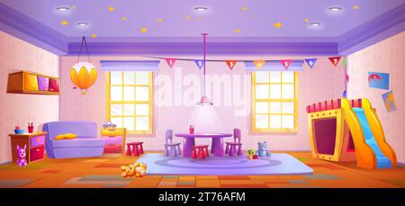 Innenraum des Kindergartens mit Tisch und Stühlen, Kinderrutsche und Spielzeug. Karikaturvektor-Illustration der Vorschulerziehung und des Spielzimmers mit Stock Vektor