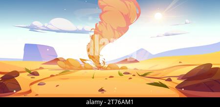 Tornado Hurricane Twister mit Wirbel Sand in der Wüste. Zeichentrickvektor-Illustration natürliche Sandlandschaft mit Sturmwirbel. Zerstörerischer Sturm d Stock Vektor