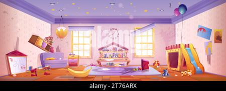 Das Innere des verlassenen Kindergartenzimmers war unordentlich dreckig, die Möbel waren kaputt, die Rutsche und das Spielzeug waren kaputt, die Wände waren fleckig und der Müll war verstreut. Stock Vektor