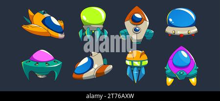 Fantastische UFO-Raumschiffe für Videospiele. Zeichentrickvektor-Illustration Satz fliegende futuristische kosmische außerirdische Raumfahrzeuge für gui. SciFi lustiger Shuttle und Stock Vektor