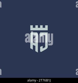 AJ-Logo-Monogramm mit Festungsschloss und Design-Ideen im Schildstil Stock Vektor