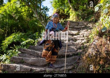 November 2023. Nepal. Trekker und Töpfer auf dem Weg zum Annapurna Basislager Stockfoto