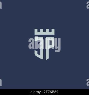 JP-Logo-Monogramm mit Festungsschloss und Design-Ideen im Schildstil Stock Vektor