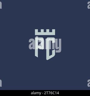 PC-Logo-Monogramm mit Festungsburg und Schilddesign Stock Vektor