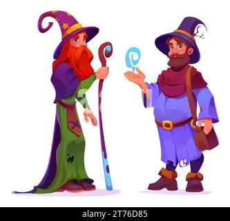 Männliche Wizard-Zeichen sind isoliert auf weißem Hintergrund festgelegt. Vektor-Karikaturillustration von alten bärtigen Männern, die Vintage-Hüte und Kostüme, Holzstab und Zaubereffekt in Händen, merlin und Zauberer tragen Stock Vektor