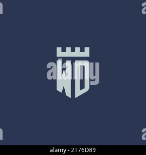 WD-Logo-Monogramm mit Festungsburg und Design-Ideen im Schildstil Stock Vektor