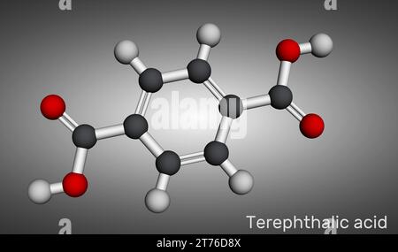 Terephthalsäuremolekül. Es handelt sich um Benzoldicarbonsäure, Vorstufe des Polyester-PET. Molekulares Modell. 3D-Rendering. Abbildung Stockfoto