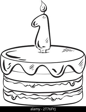 Handgezeichneter Tintenvektor. Delikater Kuchen zum ersten Geburtstag oder ersten Hochzeitstag. Köstlicher glasierter Kuchen. Zarte Schichten, geschmackvolle Füllung - Stock Vektor