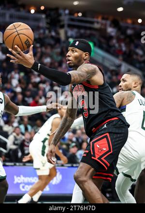 Milwaukee, USA. November 2023. Torrey Craig (Front) der Chicago Bulls holt sich beim regulären NBA-Saisonspiel 2023-2024 zwischen Milwaukee Bucks und Chicago Bulls am 13. November 2023 in Milwaukee, USA, einen Rebound. Quelle: Joel Lerner/Xinhua/Alamy Live News Stockfoto