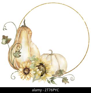 Kürbisse, Blätter und Sonnenblumenkranz Clipart. Herbstblumen-Randbild, Erntezeitrahmen Stockfoto