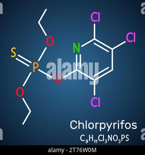 Chlorpyrifos, CPS-Molekül. Es ist ein neurotoxisches Organophosphat, das als Pestizid verwendet wird. Strukturelle chemische Formel auf dunkelblauem Hintergrund. Vektoril Stock Vektor