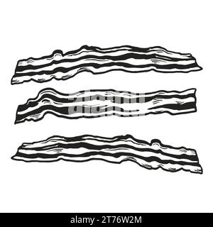 Hand gezeichnete Vektorskizze von gebackenen gebratenen Speckstreifen, drei gegrillte Streifen von knusprigem Speck für Burger, Sandwich, schwarz-weiße Illustration, isolieren Stock Vektor