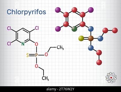 Chlorpyrifos, CPS-Molekül. Es ist ein neurotoxisches Organophosphat, das als Pestizid verwendet wird. Strukturelle chemische Formel, Molekülmodell. Blatt Papier in a c Stock Vektor