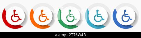 Rollstuhl, Vektorsymbol für Behinderte, farbenfrohe runde Symbole in 5 Farboptionen für Webdesign und mobile Anwendungen Stock Vektor