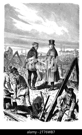 George Stephenson, Erfinder und Pionier des Eisenbahnverkehrs, inspizierte den Bau einer Eisenbahnstrecke Stockfoto