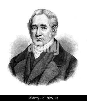 George Stephenson (1781–1848) englischer Bauingenieur während der industriellen Revolution, Vater der Eisenbahn, Erfinder der ersten Dampflokomotive, die Passagiere auf einer öffentlichen Eisenbahnstrecke beförderte. Stockfoto