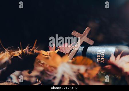 Herbstlandschaft mit hellen Lichtern, gefallenen Blättern, roten Ahornblättern und dem heiligen Kreuz Jesu Christi und der Bibel Stockfoto