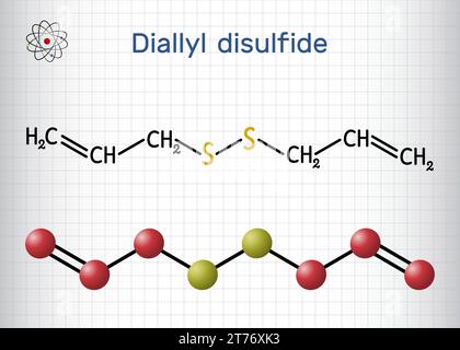 Diallyldisulfid, VÄTER-Molekül. Strukturelle chemische Formel, Molekülmodell. Blatt Papier in einem Käfig. Stock Vektor