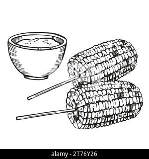 Hand gezeichnete Vektorskizze von zwei gebackenen Süßmais und Souse, gegrilltes Maisohr, schwarz-weiße Illustration des Maisohrs von Mais, getönte Illustration ist Stock Vektor