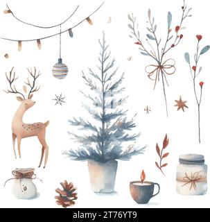 Aquarellfarben Weihnachten und Neujahr mit Baum, Schneeflocken, Hirsch, Kerzenleuchter und Girlande. Handgezeichnete Abbildung Stock Vektor