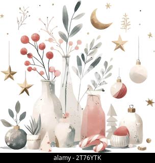 Aquarellfarben Weihnachten und Neujahr Komposition. Niedliche handgezeichnete Illustration Stock Vektor